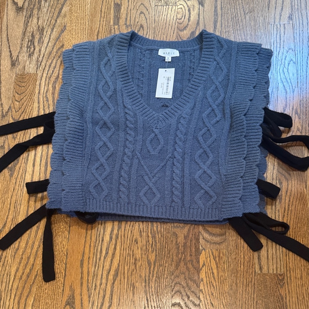Mable Blue Cable Knit V-Neck Sweater with Black side tie accents
